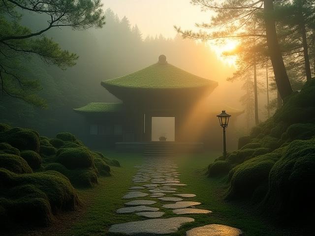 山中の霧に包まれた寺院