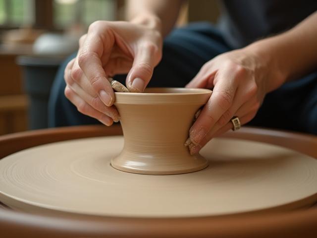 ろくろで陶器を形作る職人の手元