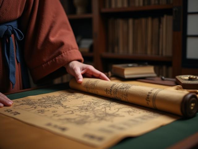 古文書館で巻物を広げる歴史学者